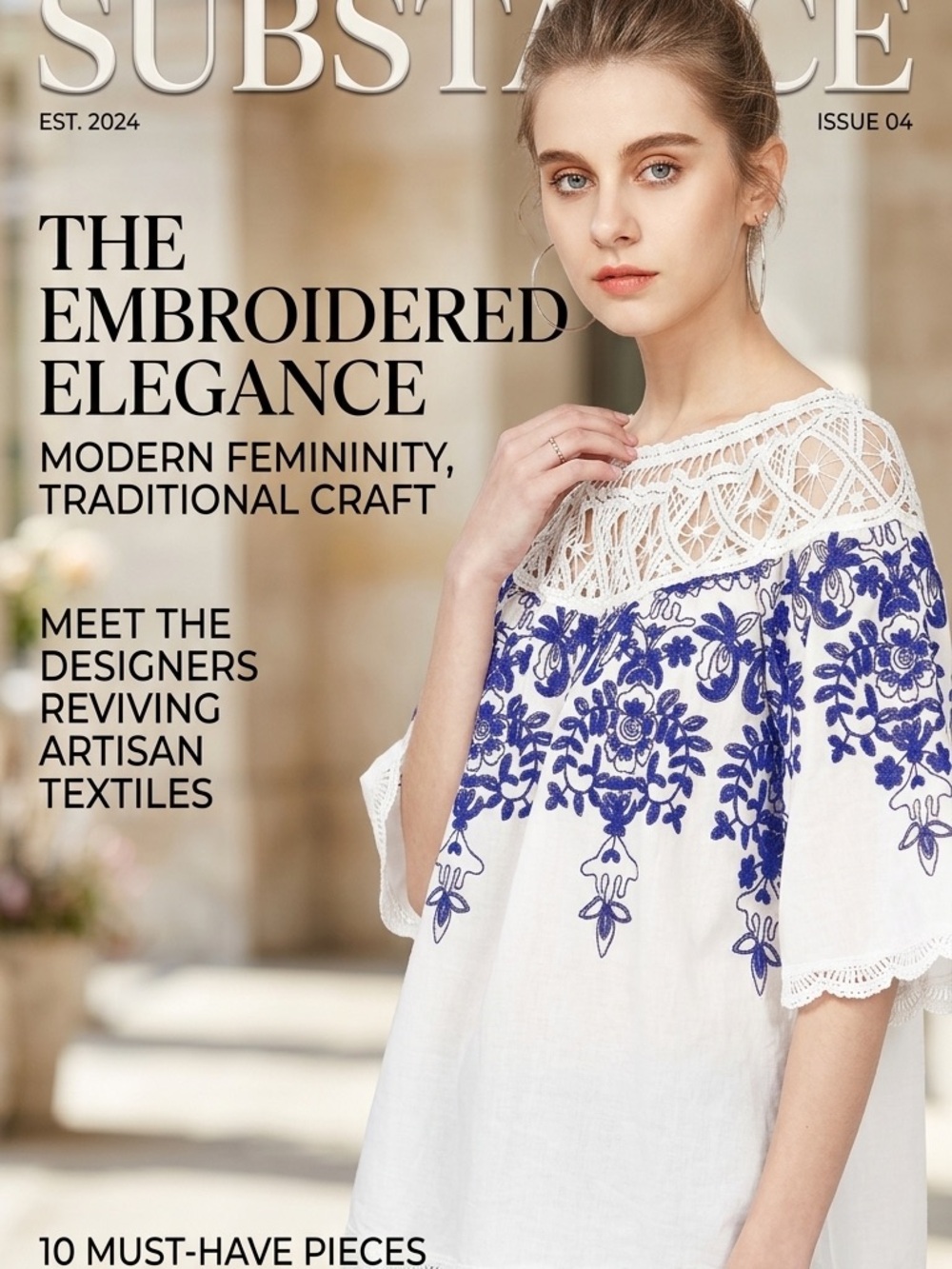 White Crochet Yoke Peasant Top with Blue Floral Embroidery - Sz. M - NWOT - Picture 3 of 9